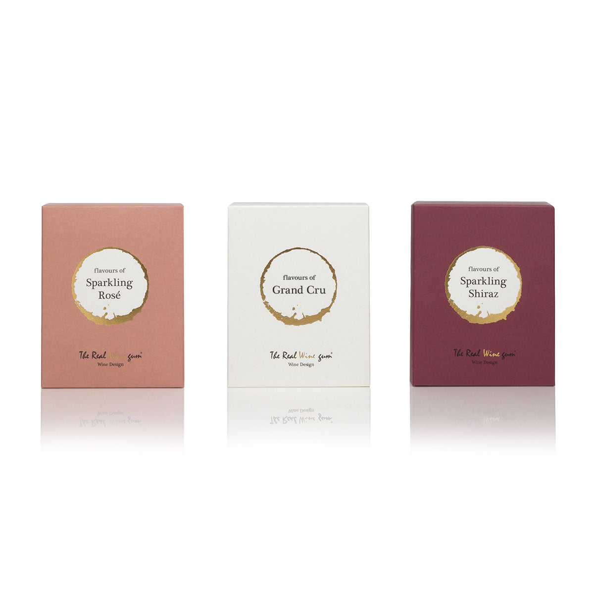 De "Real Wine Gums" Grand Cru, Sparkling Rosé en Sparkling Shiraz in houten kadoverpakking