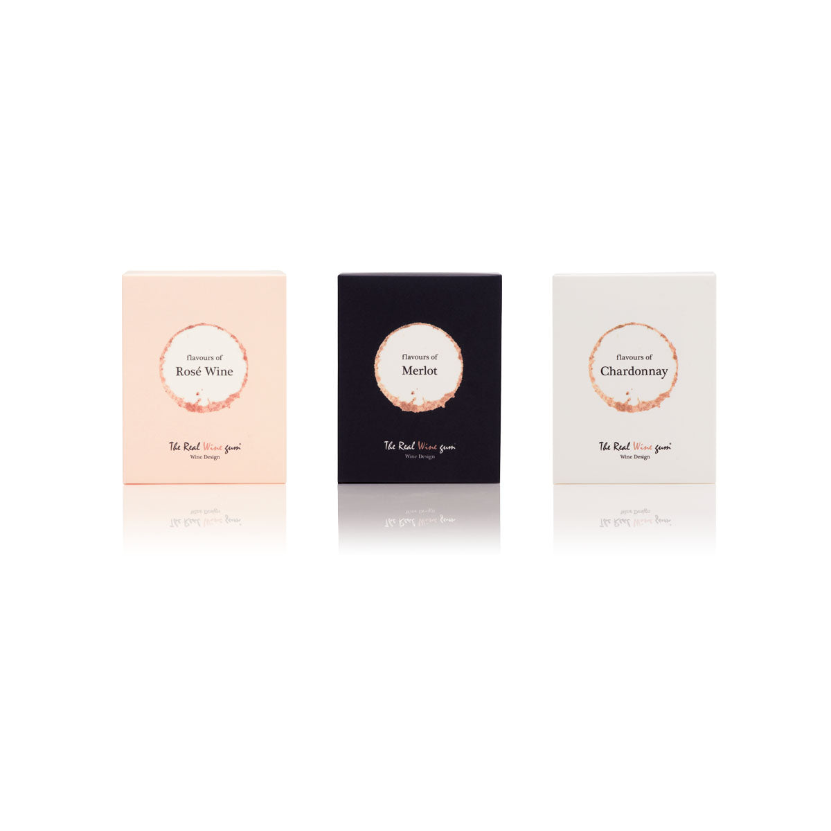 De "Real Wine Gums" Chardonnay, Rosé Wine en Merlot in houten kadoverpakking