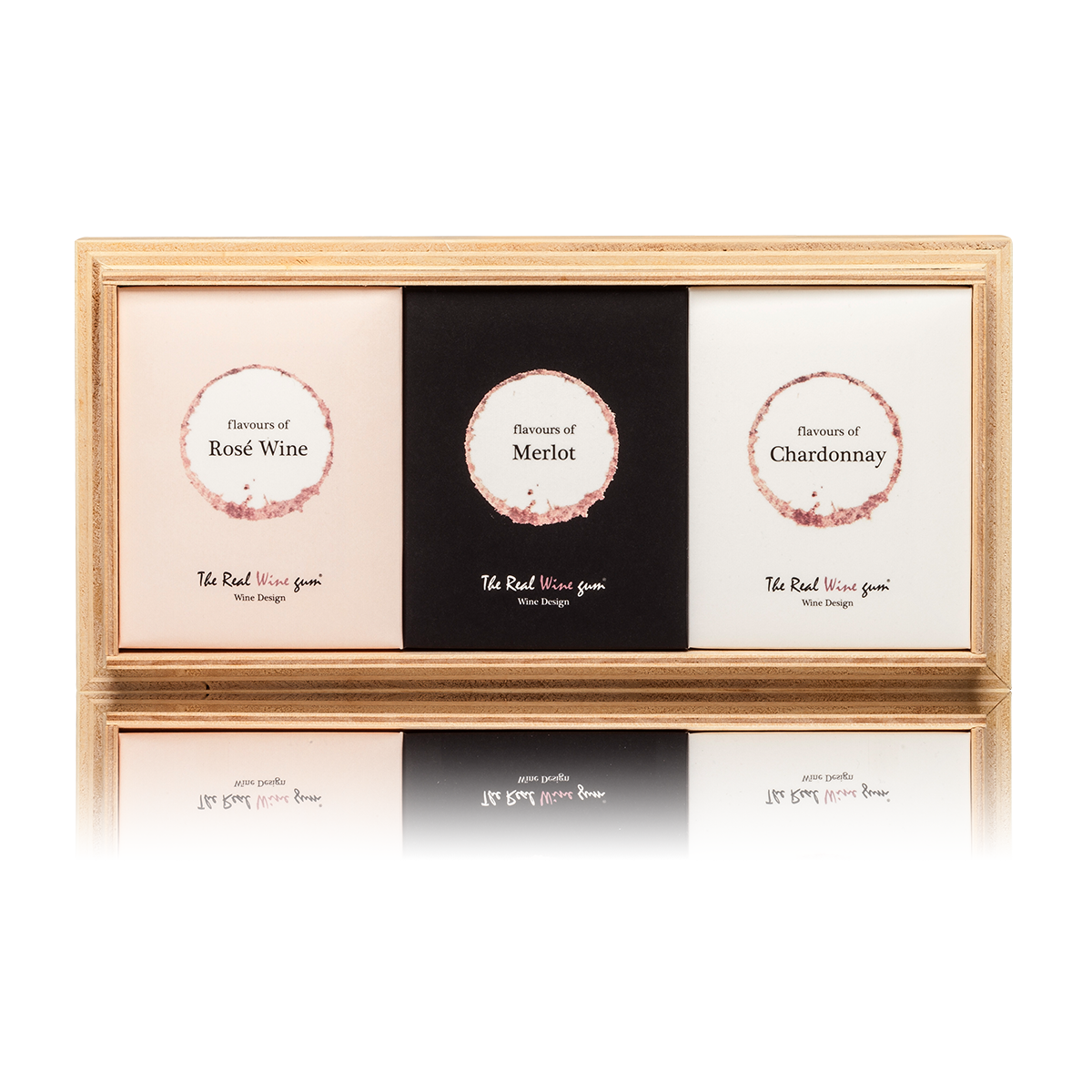De "Real Wine Gums" Chardonnay, Rosé Wine en Merlot in houten kadoverpakking